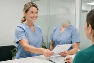 Accueil chaleureux dans un centre médical Cap Horn Champs sur Marne, réceptionniste souriante en blouse médicale bleue