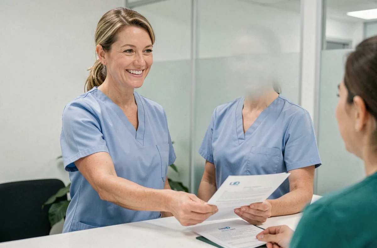 Accueil chaleureux dans un centre médical Cap Horn Champs sur Marne, réceptionniste souriante en blouse médicale bleue