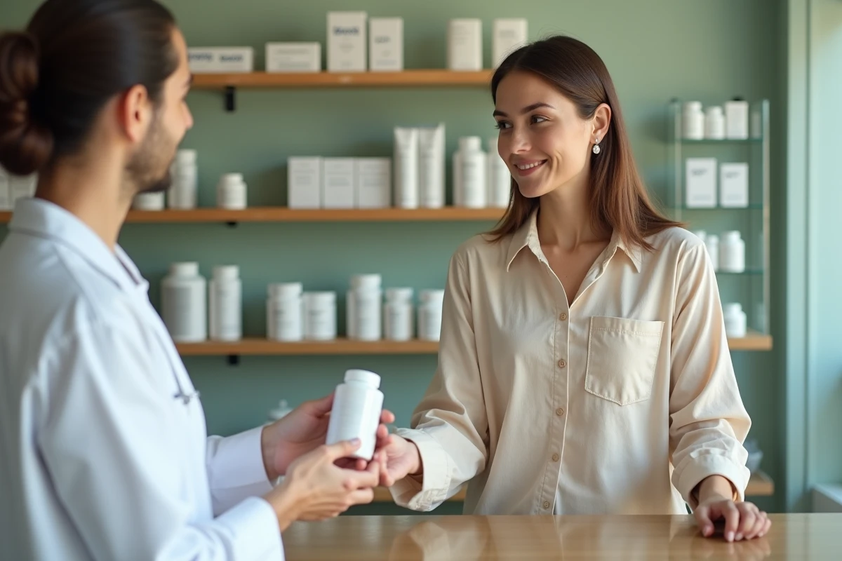 Femme en pharmacie examinant une boîte du système Indiva avec un pharmacien en blouse blanche