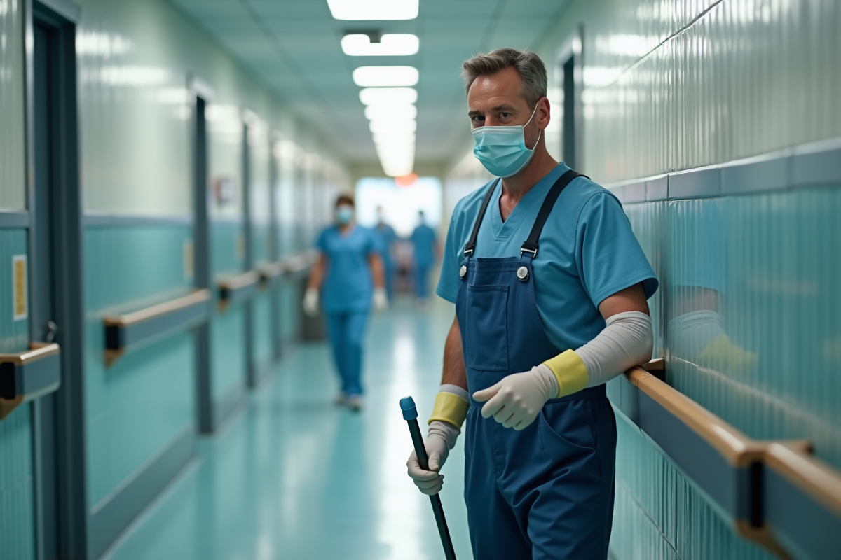 Agent d hygiène désinfectant une rampe dans un hôpital