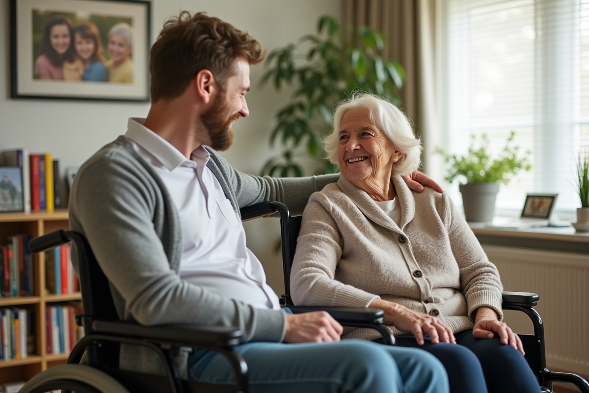 Aide-soignant souriant avec une personne âgée en fauteuil