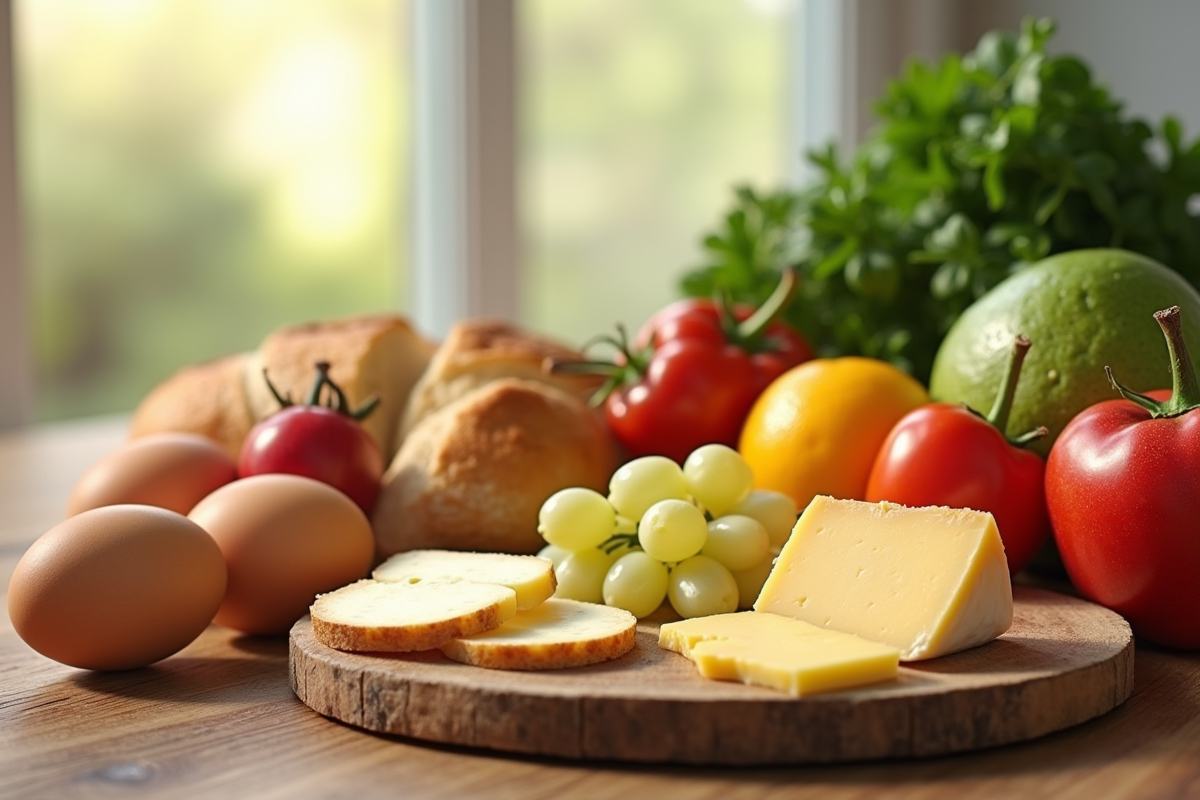 Sélection d'aliments frais sur une table en bois lumineux