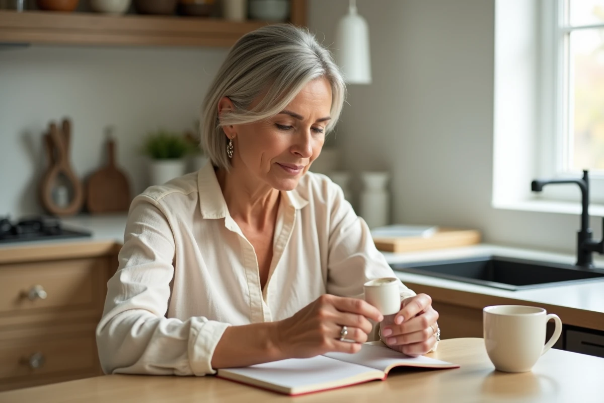 Femme lisant les instructions d'un produit Alviona à sa table de cuisine lors de sa routine beauté matinale