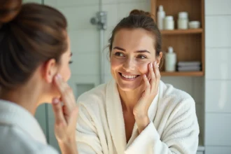 Femme d'âge mûr examinant sa peau après utilisation d'Alviona devant un miroir de salle de bain