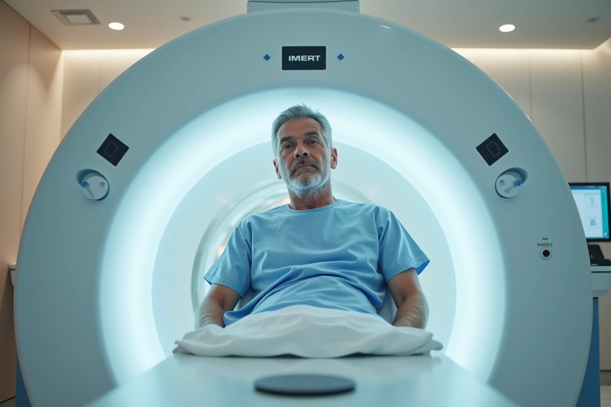 Vue intérieure d'un appareil IRM ouvert non claustrophobique avec patient entrant sereinement en salle d'examen