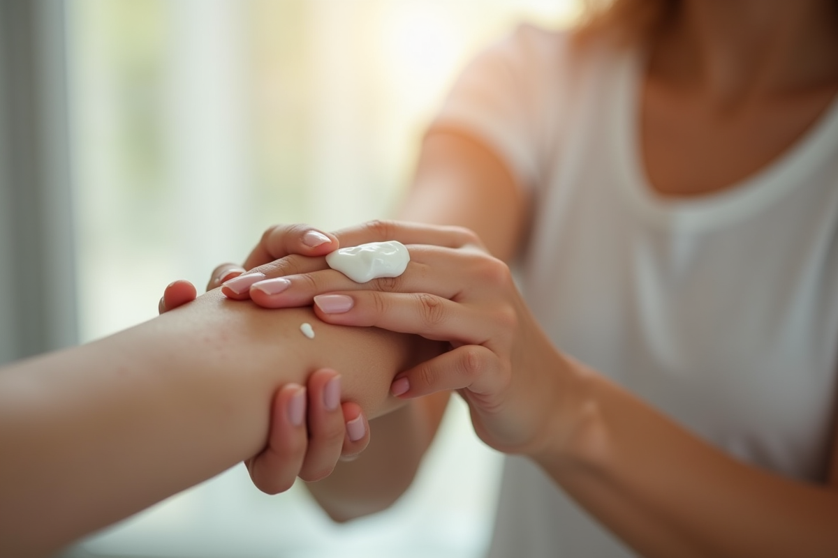Jeune adulte appliquant une creme apaisante sur eczema