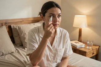 Femme appliquant une crème pharmaceutique Sterdex avant de se coucher dans une chambre à coucher