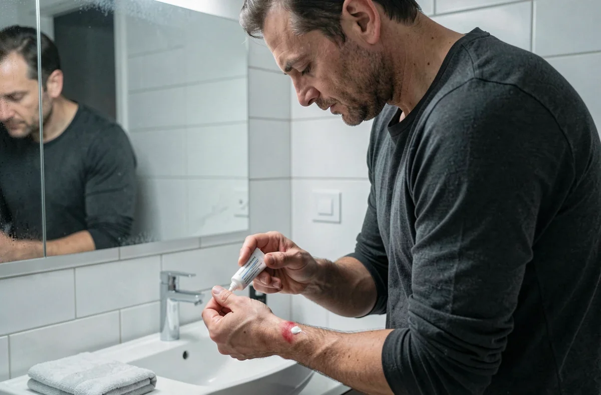 Homme appliquant une crème médicamenteuse sur la peau avant le coucher dans une salle de bain moderne