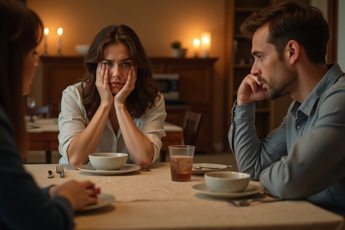 Un homme levant les yeux au ciel face à une femme humiliée à table, illustrant la phrase dévalorisante 'arrête ton cinéma'