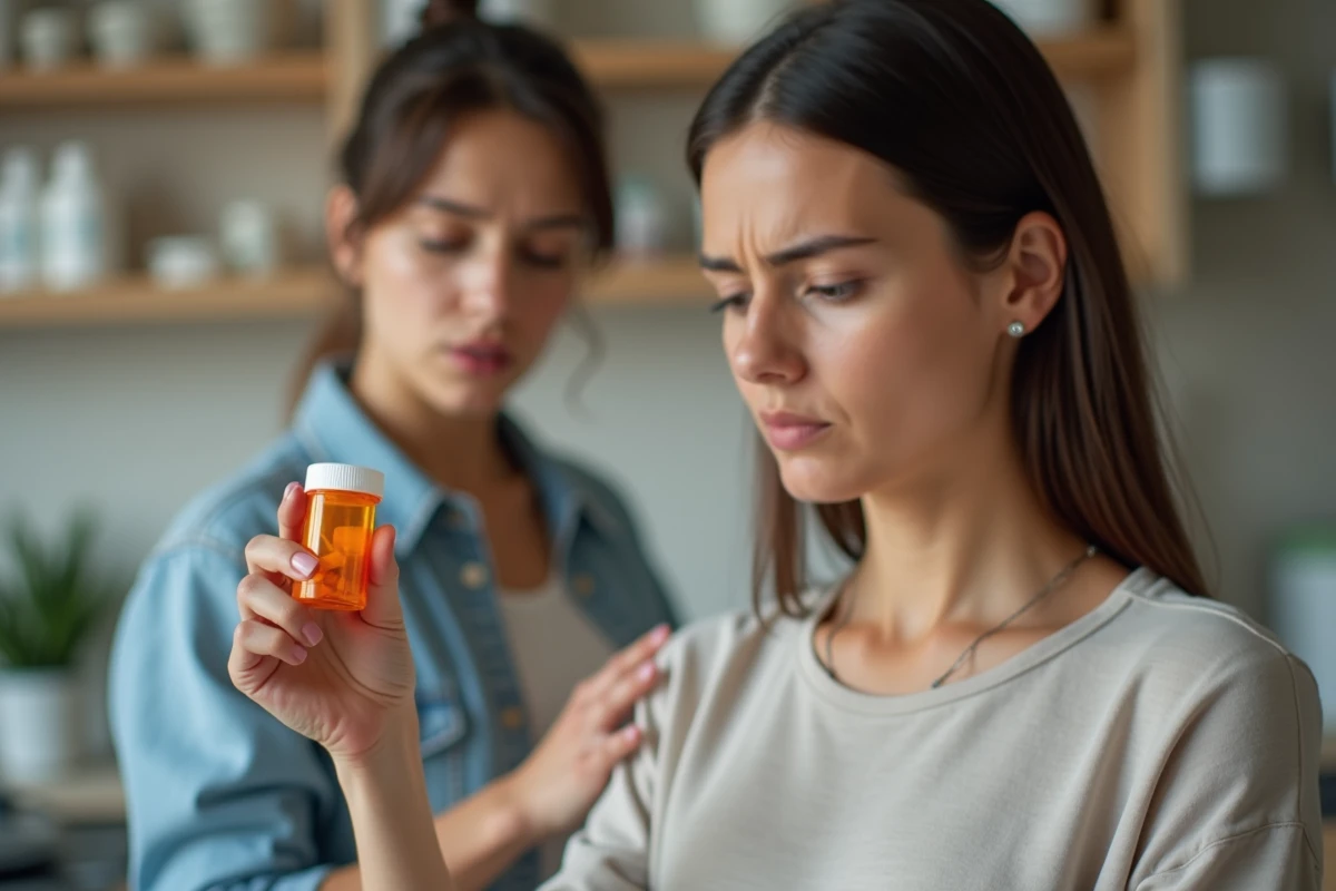 Une femme tenant un flacon de médicaments pendant qu'une amie lui suggère de s'en passer, illustrant le conseil dangereux 'tu devrais arrêter ton traitement'