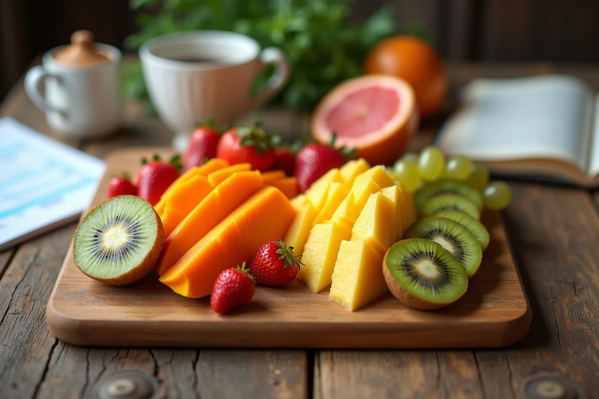 Assortiment de fruits tropicaux et saisonniers sur une planche en bois avec tableau nutritionnel, symbolisant l'insuffisance en vitamine D des fruits