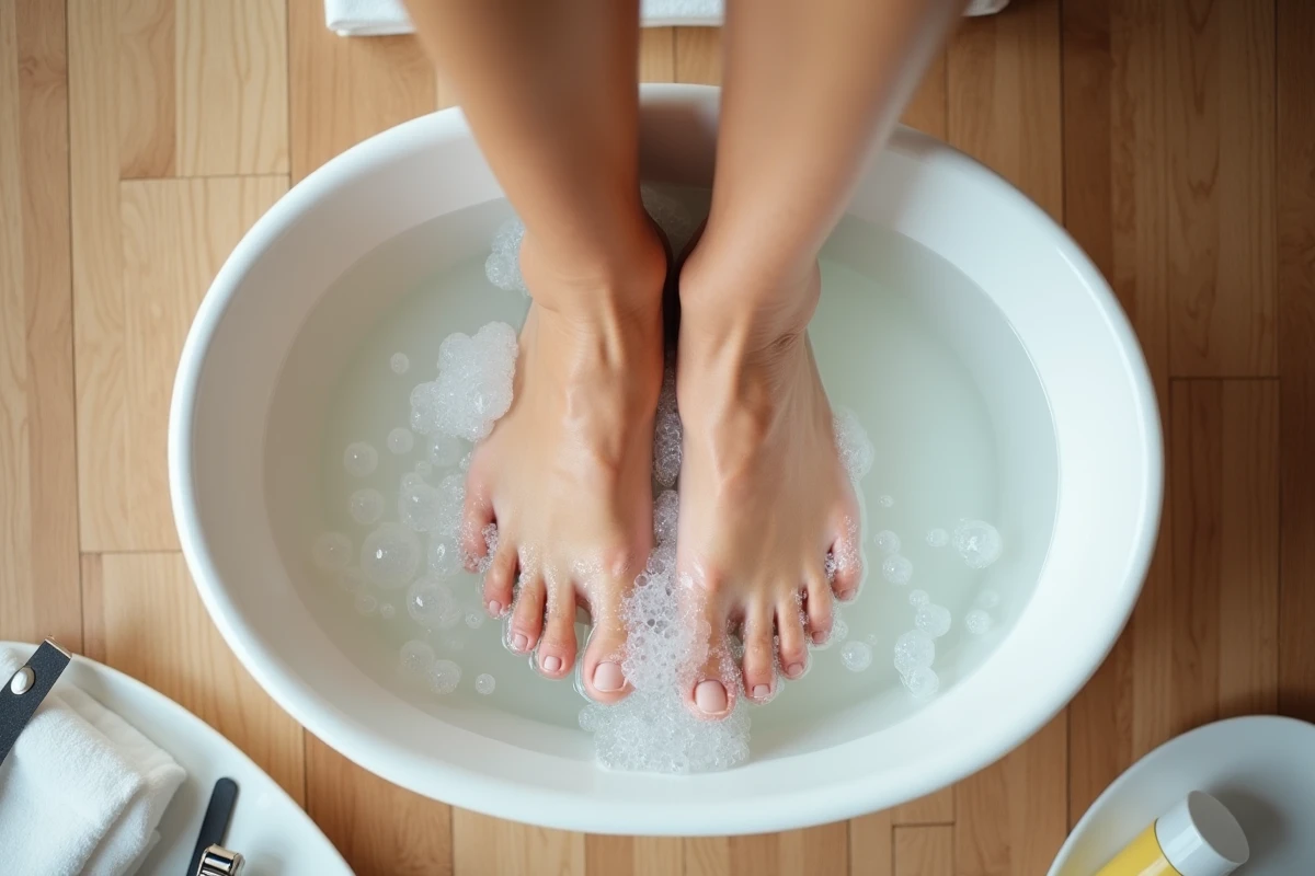 Pieds en train de tremper dans un bain de pieds avec des outils de pédicure maison disposés sur un parquet en bois clair pour ramollir la corne