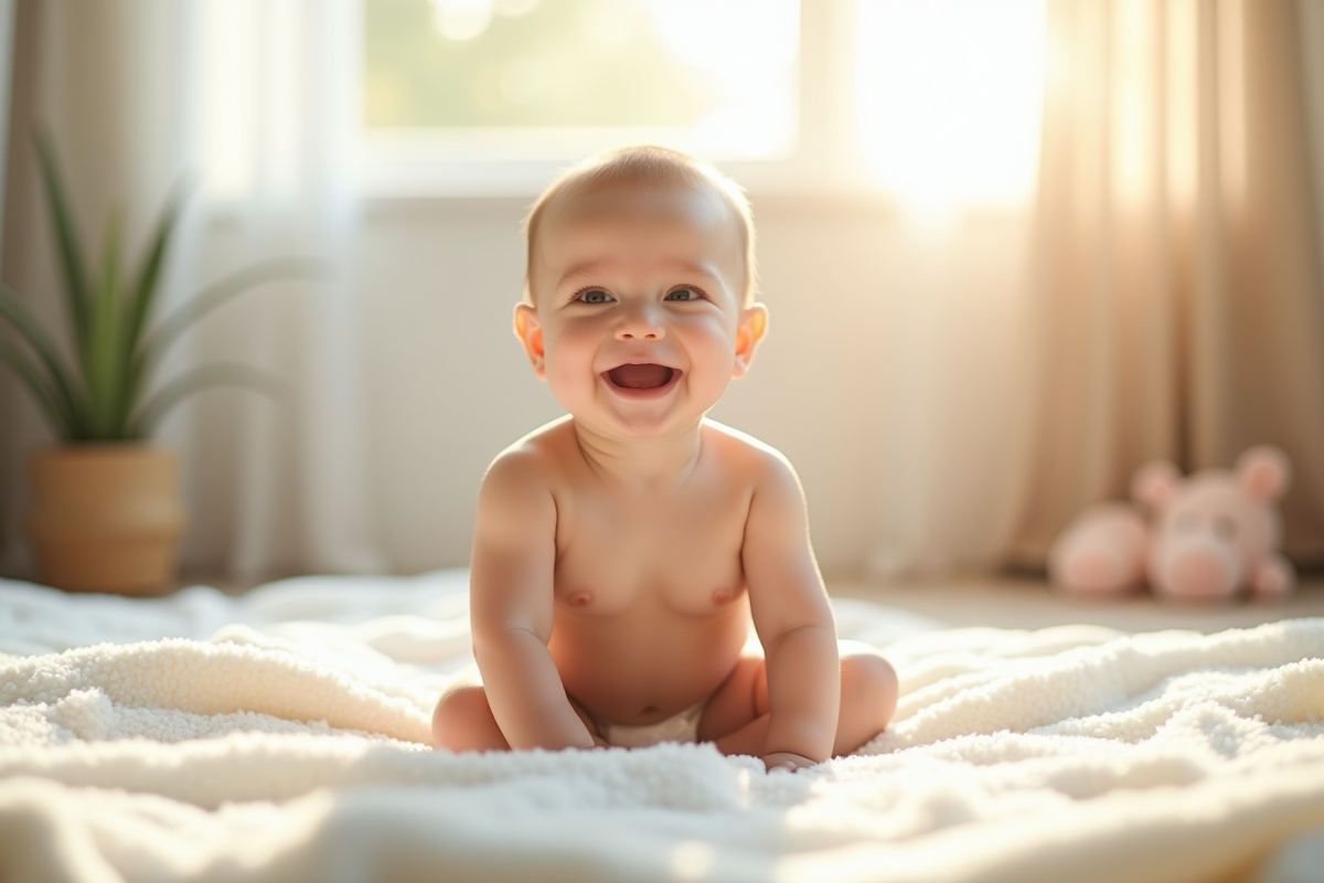 Bébé souriant assis sur une couverture blanche en lumière naturelle