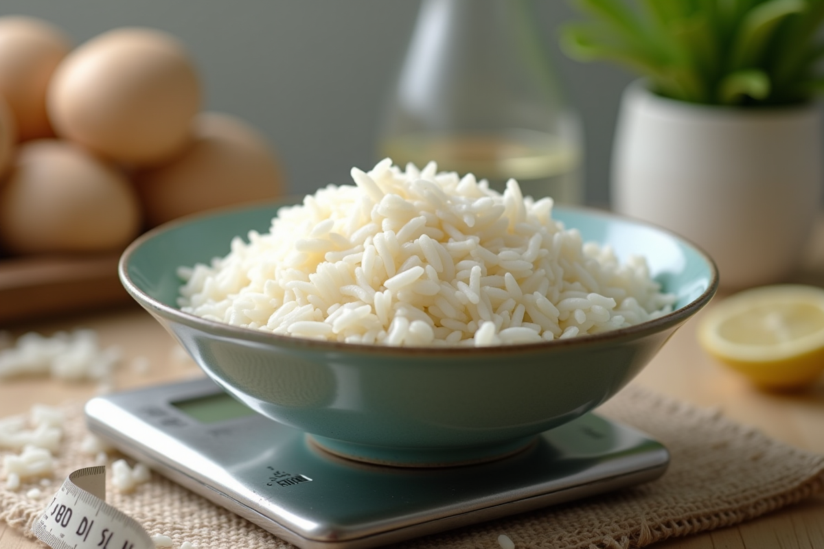 Bol de riz blanc vapeur sur une balance de cuisine