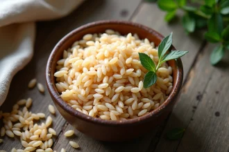 Bol de riz complet cuit sur une table en bois rustique, illustrant les bienfaits nutritionnels du riz complet sur le cholestérol