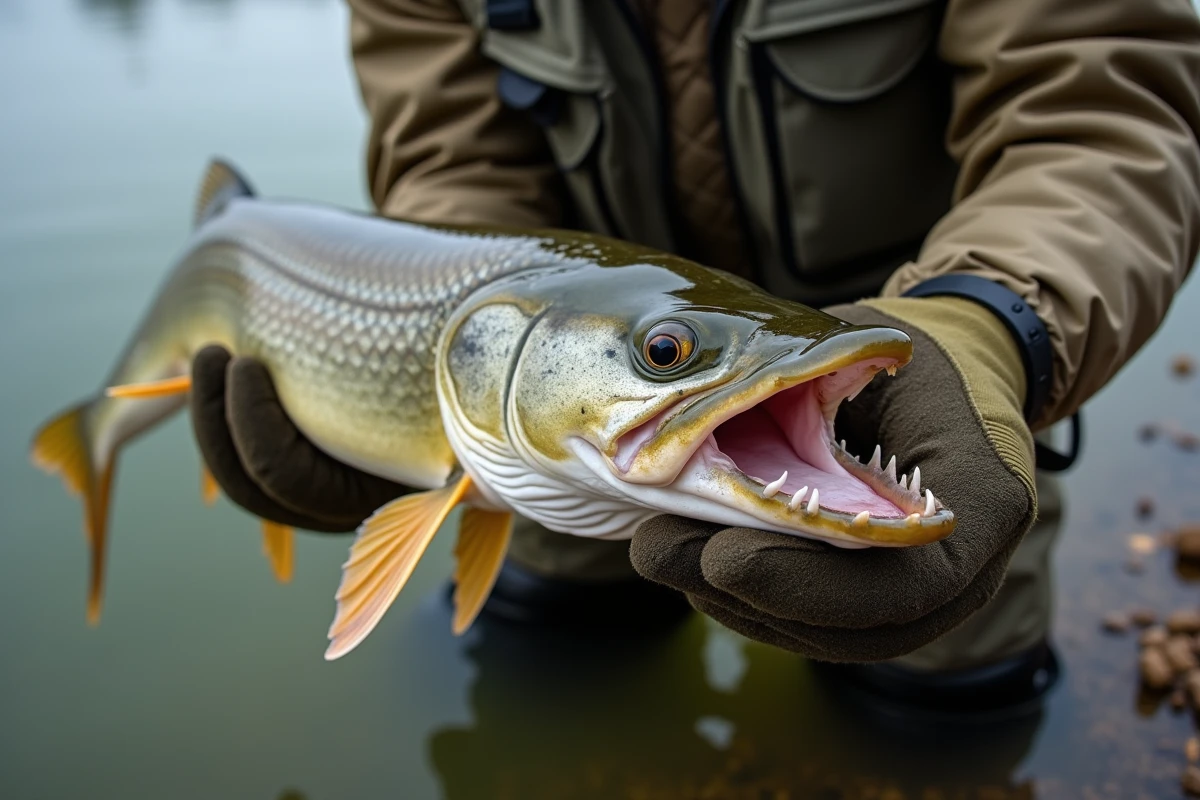 Pêcheur tenant un grand brochet avec ses dents bien visibles, illustrant le risque de morsure lors de la manipulation du poisson