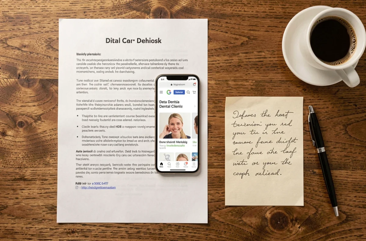 Vue de dessus d'un bureau avec documents d'information dentaire, smartphone affichant un blog médical et notes manuscrites pour préparer une extraction de dent