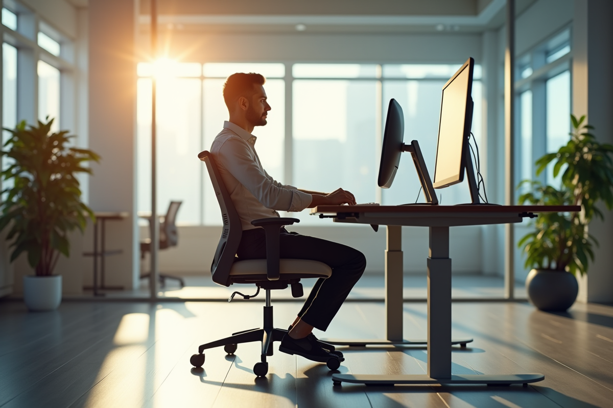 Travailleur ajustant bureau ergonomique en espace lumineux