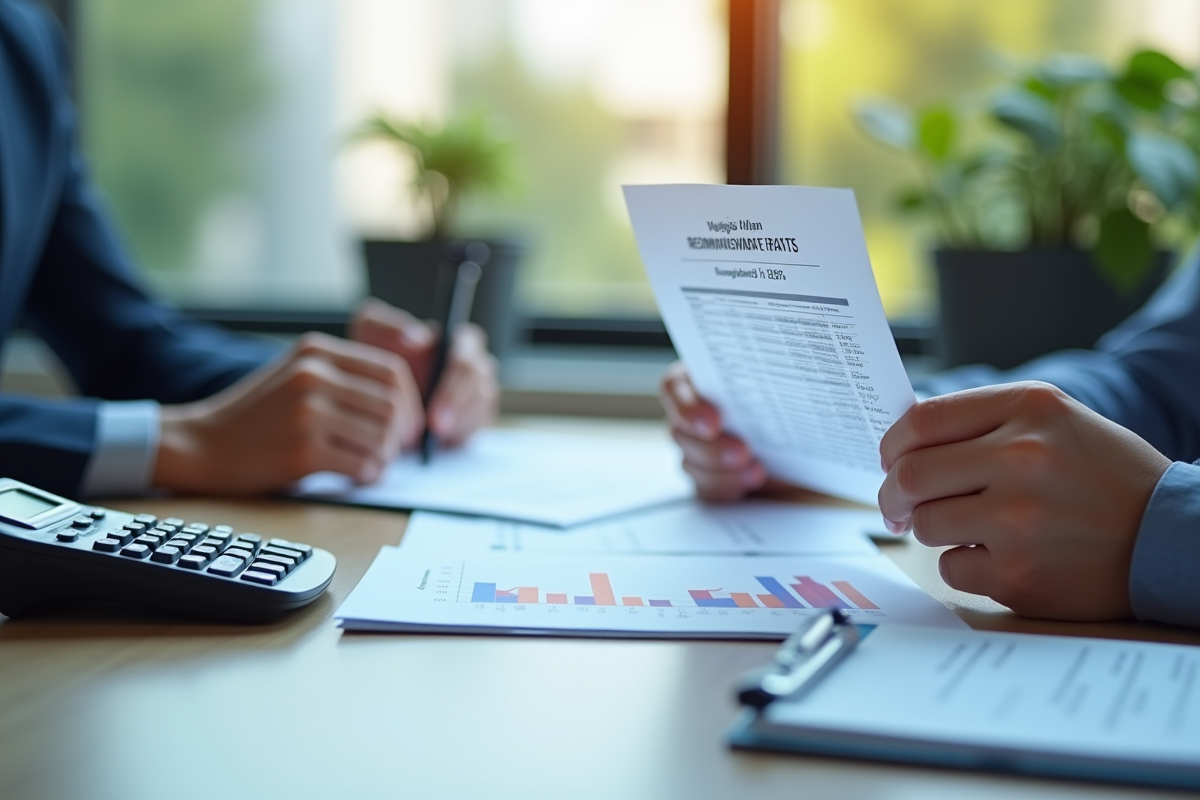 Bureau moderne avec documents financiers et calculatrice