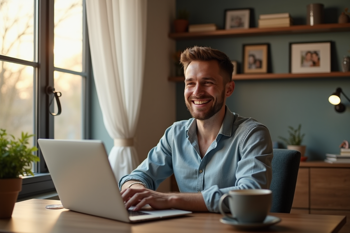 Homme souriant en visioconference dans un bureau à domicile chaleureux