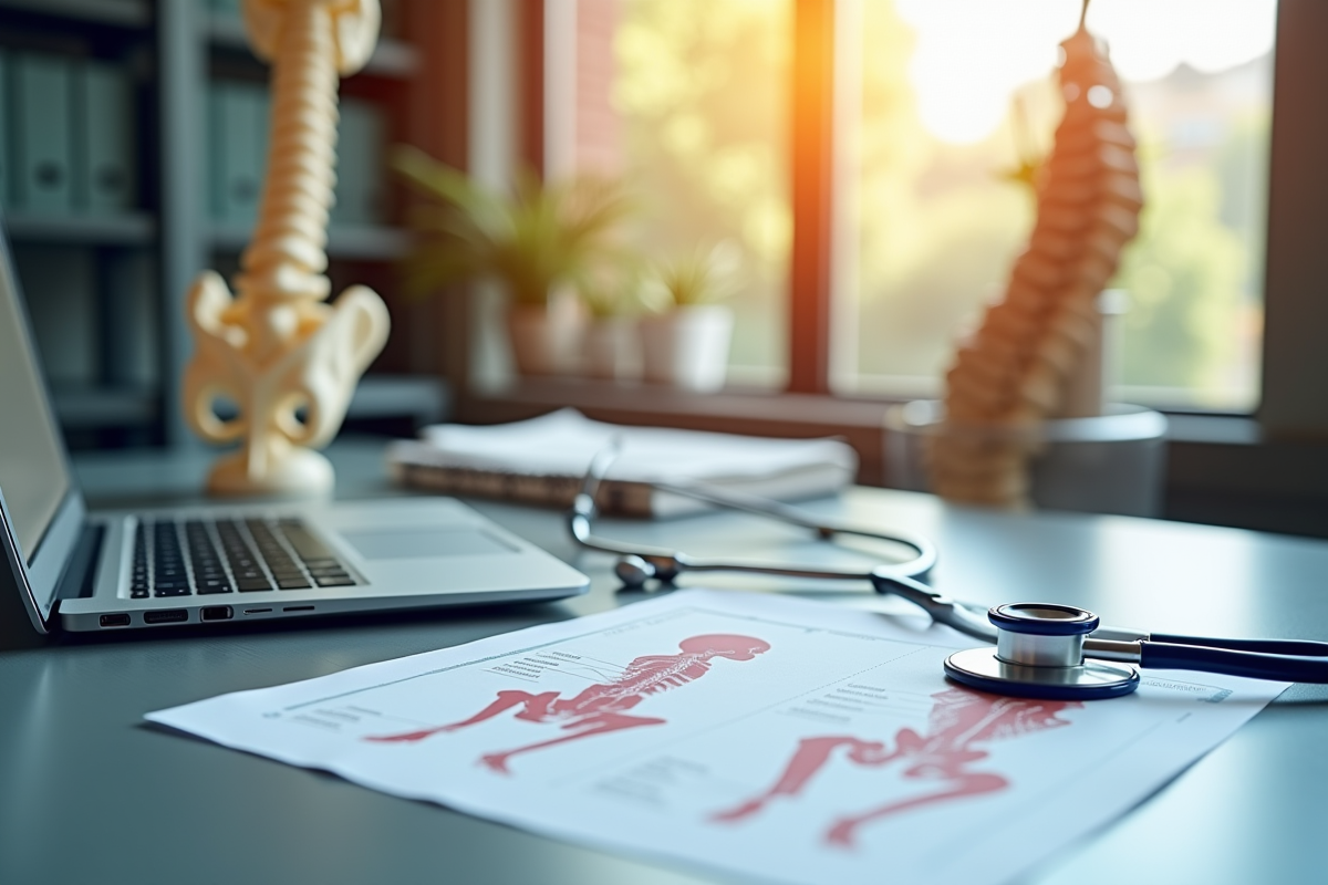 Espace de travail médical avec graphiques et modèle de colonne vertébrale