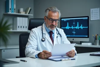 Cardiologue analysant un bilan sanguin avec taux de troponine élevé dans un cabinet médical moderne