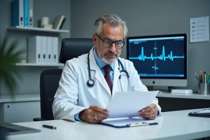 Cardiologue analysant un bilan sanguin avec taux de troponine élevé dans un cabinet médical moderne