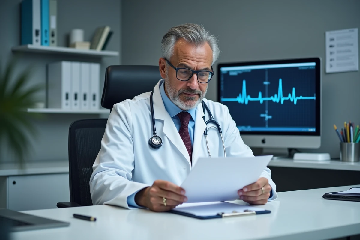 Cardiologue analysant un bilan sanguin avec taux de troponine élevé dans un cabinet médical moderne