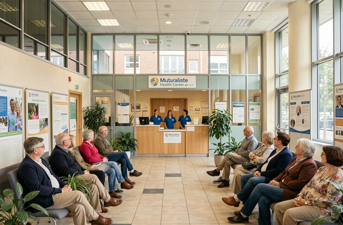 Centre de santé mutualiste de La Rochelle, salle d'attente avec patients et personnel soignant