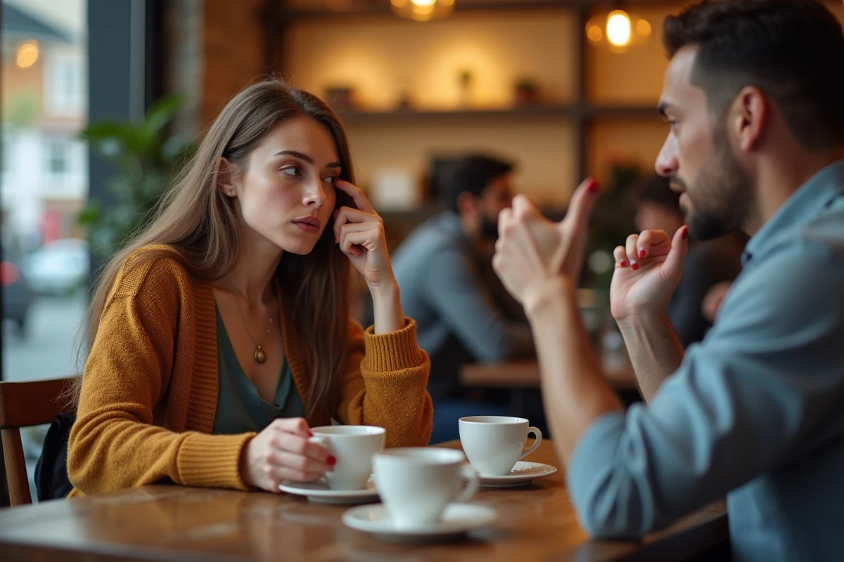 Un homme faisant un geste de rejet devant une femme qui se tient la tempe, illustrant la phrase blessante 'c'est dans ta tête, fais un effort' dite à un proche bipolaire