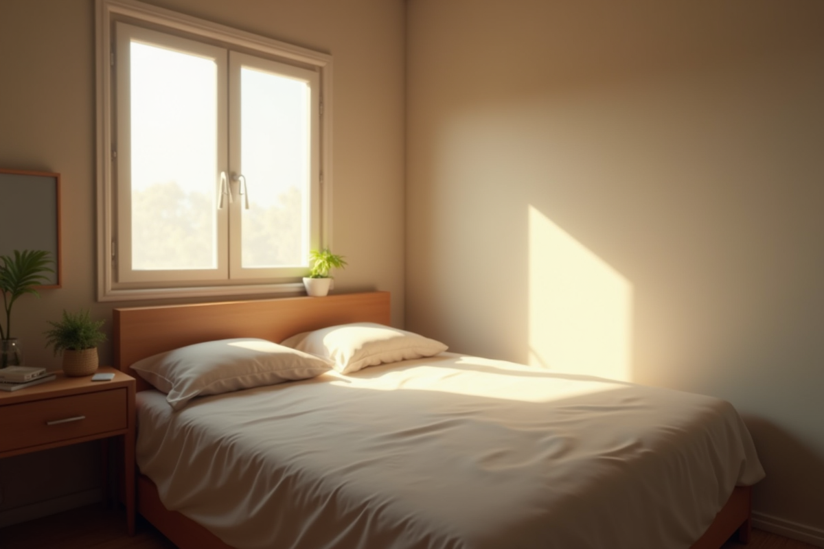 Chambre paisible avec lit vide et effets personnels sur la table de nuit