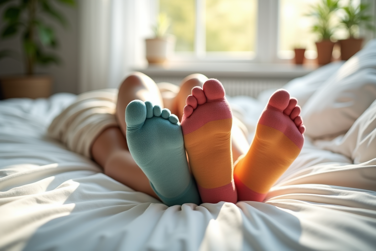Couple avec chaussettes colorées dans une chambre lumineuse