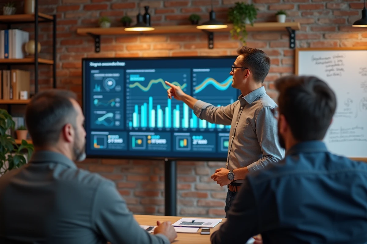 Chef d'entreprise présentant une solution BI à son équipe dans les locaux d'une PME