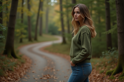 Femme contemplative dans la forêt avec chemin sinueux