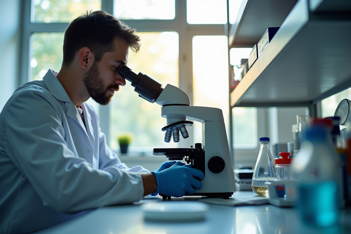 Chercheur en laboratoire examinant des cellules saines et cancéreuses