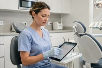 Chirurgienne dentiste consultant des informations médicales sur tablette dans un cabinet dentaire moderne avant une extraction de dent