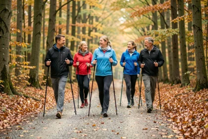 Groupe d'adultes pratiquant la marche nordique en forêt dans les Hauts-de-France à l'automne