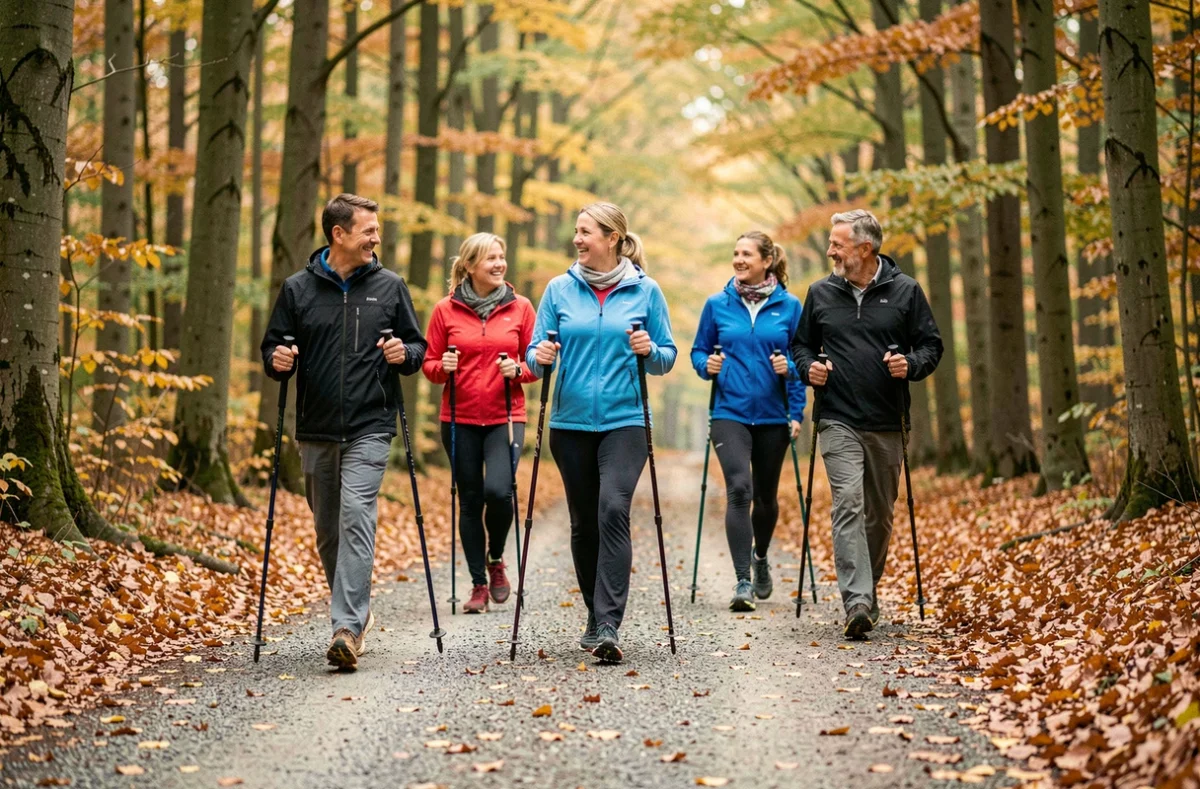 Groupe d'adultes pratiquant la marche nordique en forêt dans les Hauts-de-France à l'automne