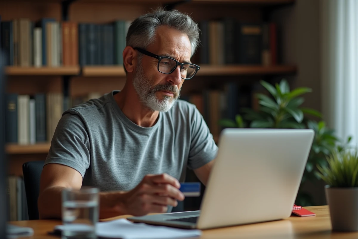 Homme achetant un complément alimentaire Indiva sur internet depuis son bureau à domicile