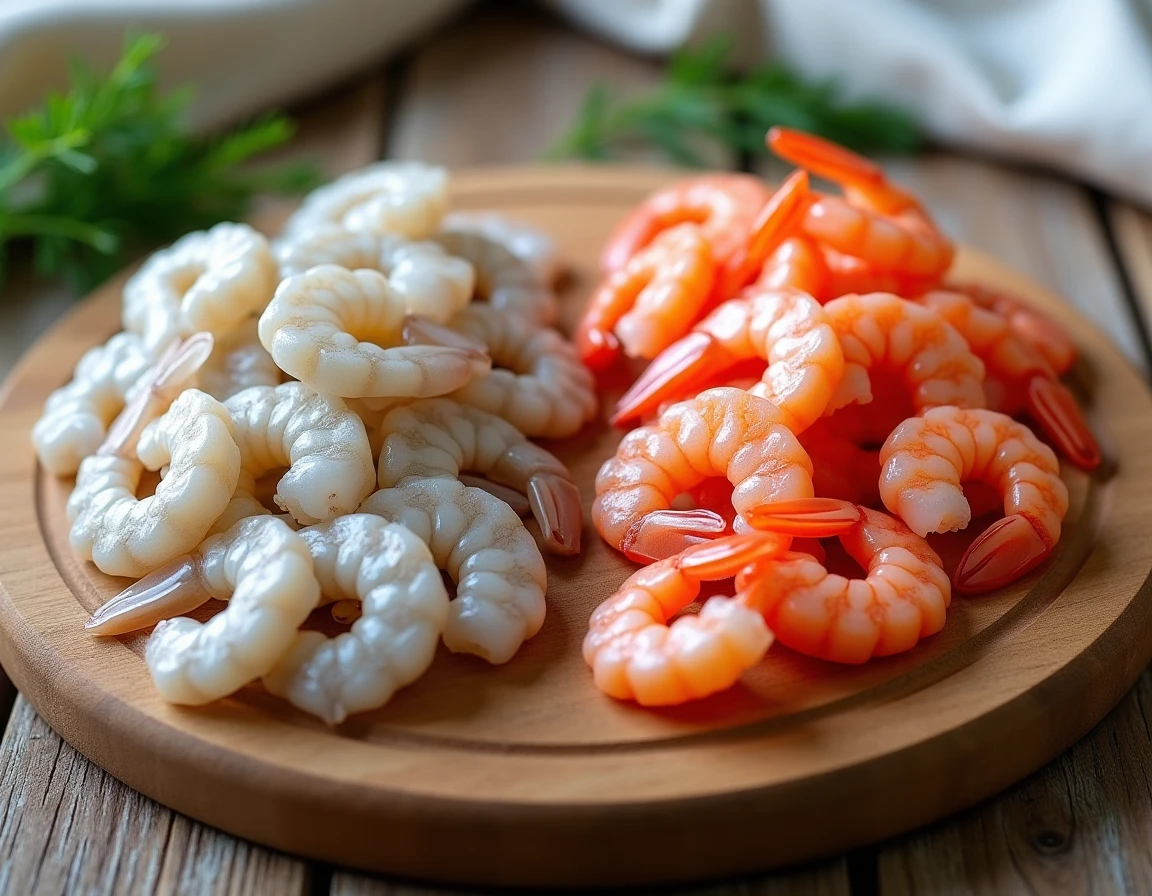 Comparaison visuelle de crevettes crues et cuites sur une planche en bois, différences de couleur et texture