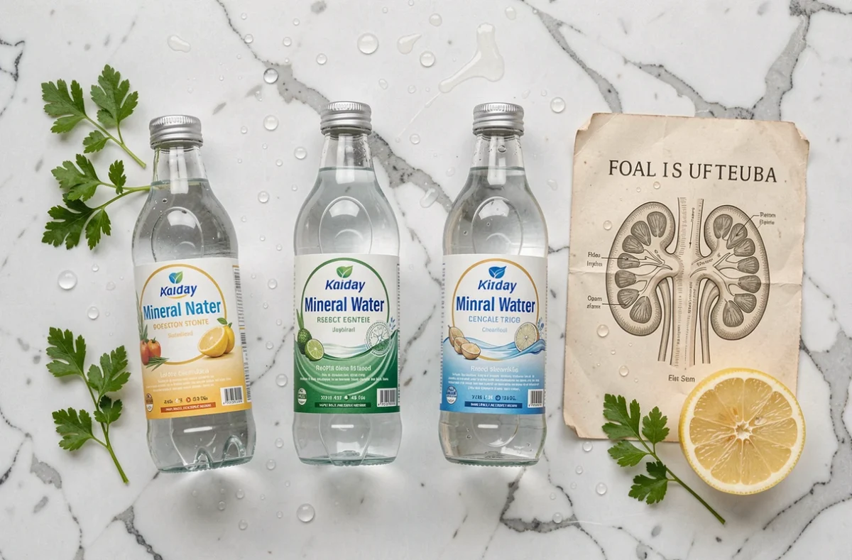 Comparaison de bouteilles d'eau minérale sur marbre blanc pour reins sensibles avec étiquettes et minéraux