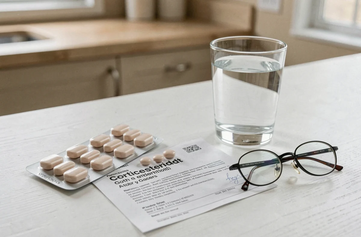 Comprimés de cortisone posés sur une table avec une ordonnance médicale et un verre d'eau, illustrant le traitement contre les douleurs intenses