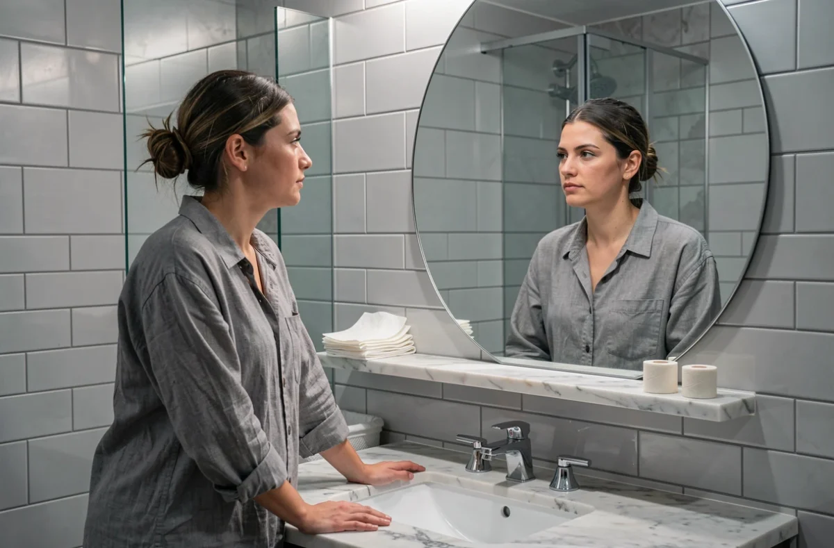 Femme regardant son reflet dans un miroir de salle de bain pendant la période de montée de lait, illustrant le confort et l'autonomie maternelle
