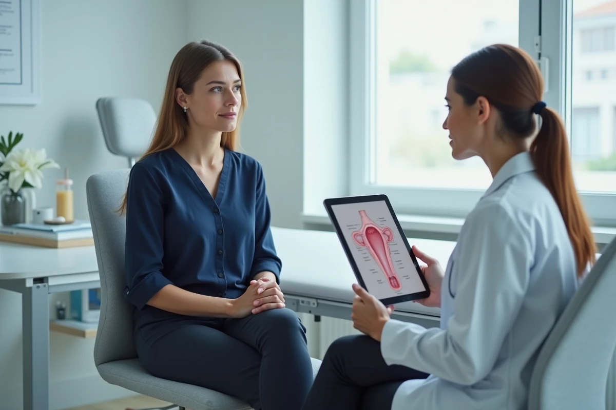 Femme en consultation gynécologique discutant avec sa médecin des douleurs pelviennes et des kystes aux ovaires