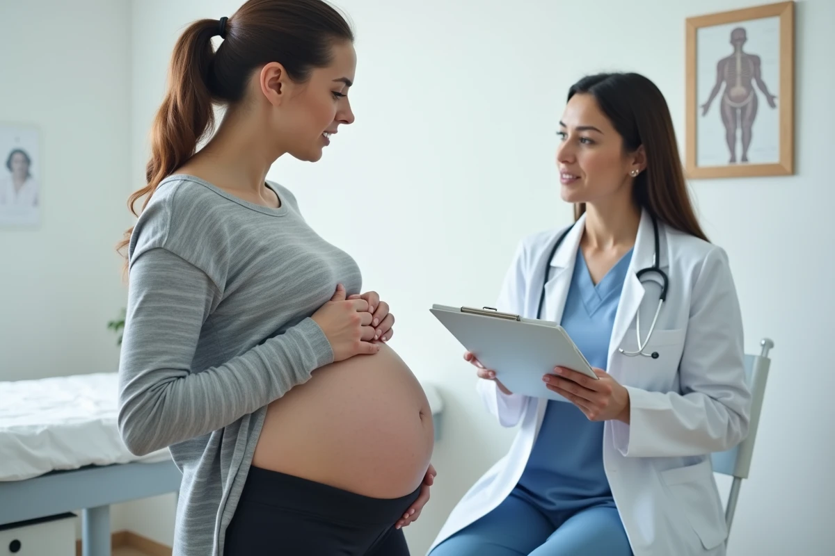 Femme enceinte consultant une médecin au sujet d'une douleur sous l'aisselle gauche dans un cabinet médical moderne