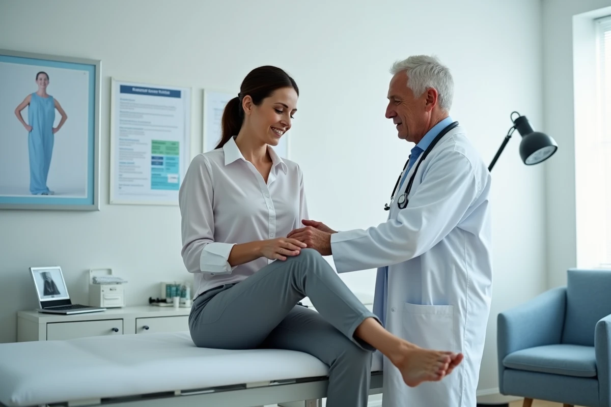 Médecin examinant la jambe d'une patiente lors d'une consultation pour douleur vasculaire et artères périphériques