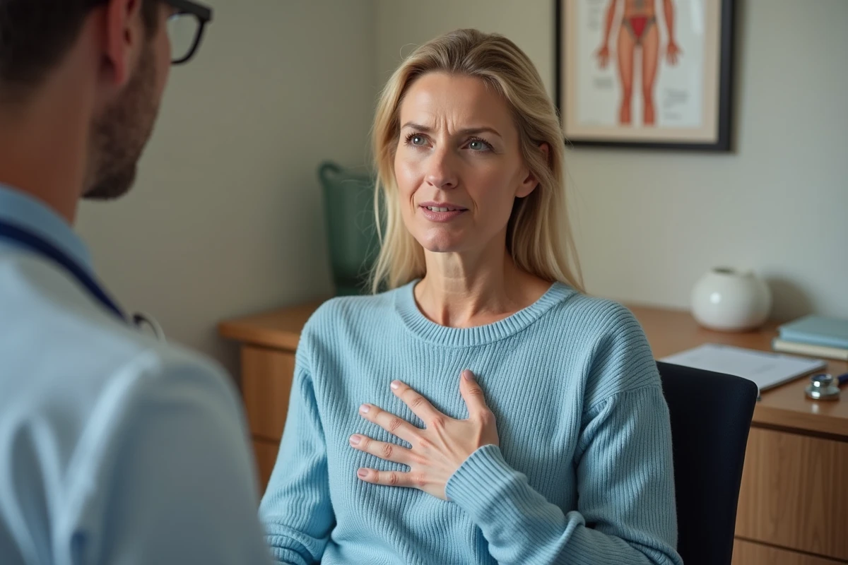 Femme en consultation médicale évoquant des palpitations cardiaques et des troubles digestifs à son médecin