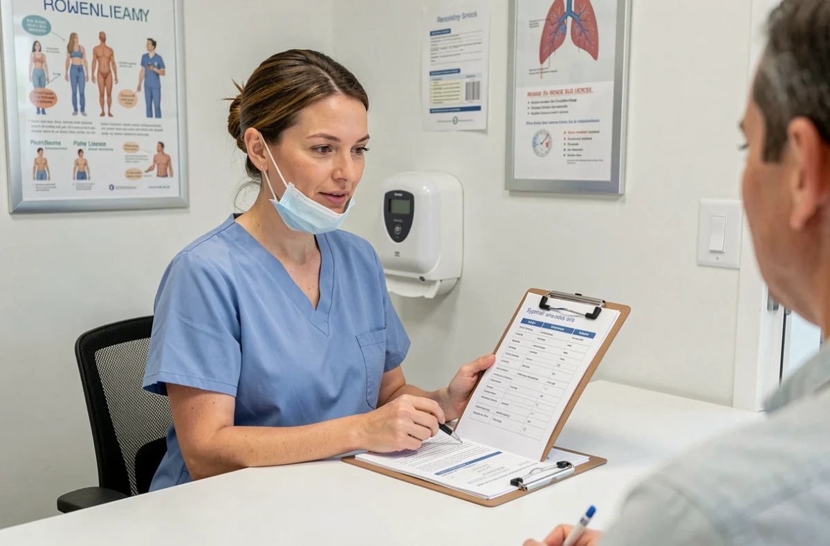 Professionnelle de santé en cabinet médical consultant une liste de symptômes Covid avec un patient, représentant le processus de dépistage et d'isolement recommandé en 2026
