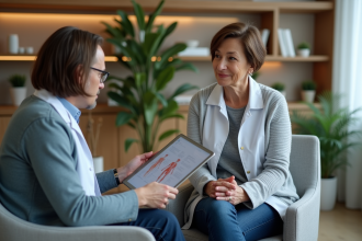 Femme moyenne en consultation avec un médecin sur la thérapie cellulaire