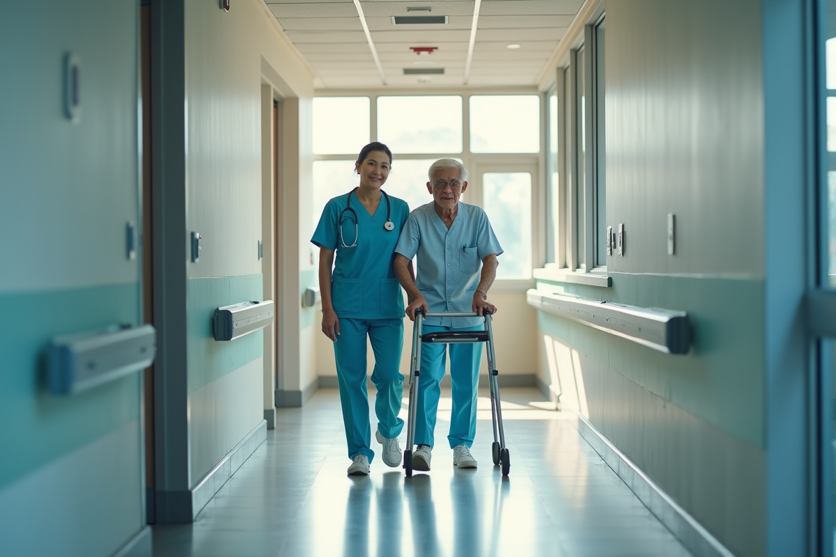 Couloir d'hôpital calme avec aide soignante soutenant un patient âgé